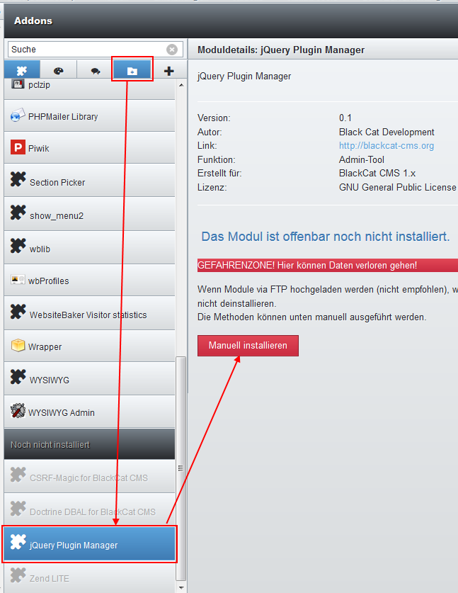 Gewünschtes Modul anklicken und [Manuell installieren] klicken